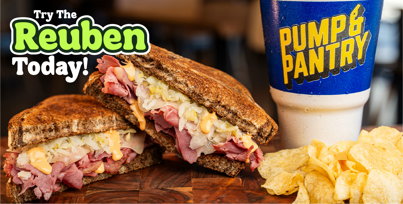 Try the new Reuben sandwich at Pump & Pantry—stacked high with tender corned beef, tangy sauerkraut, melted Swiss cheese, and creamy Thousand Island dressing on grilled rye bread.